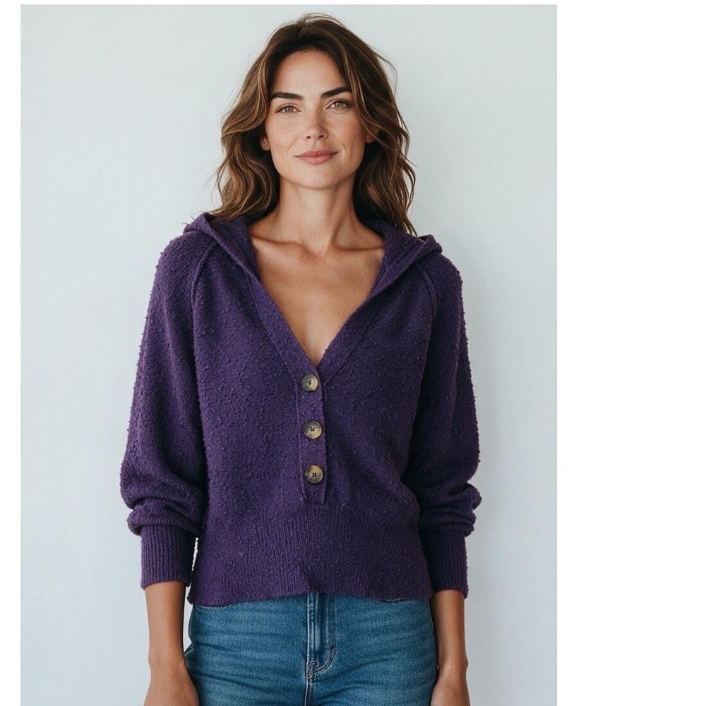 Free People Hooded Sweater Womens Medium Purple Boucle Henley Knit Boho